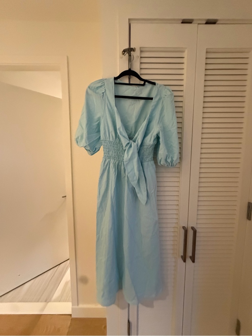 Commense Light Blue Midi Dress with Puff Sleeves and Front Tie